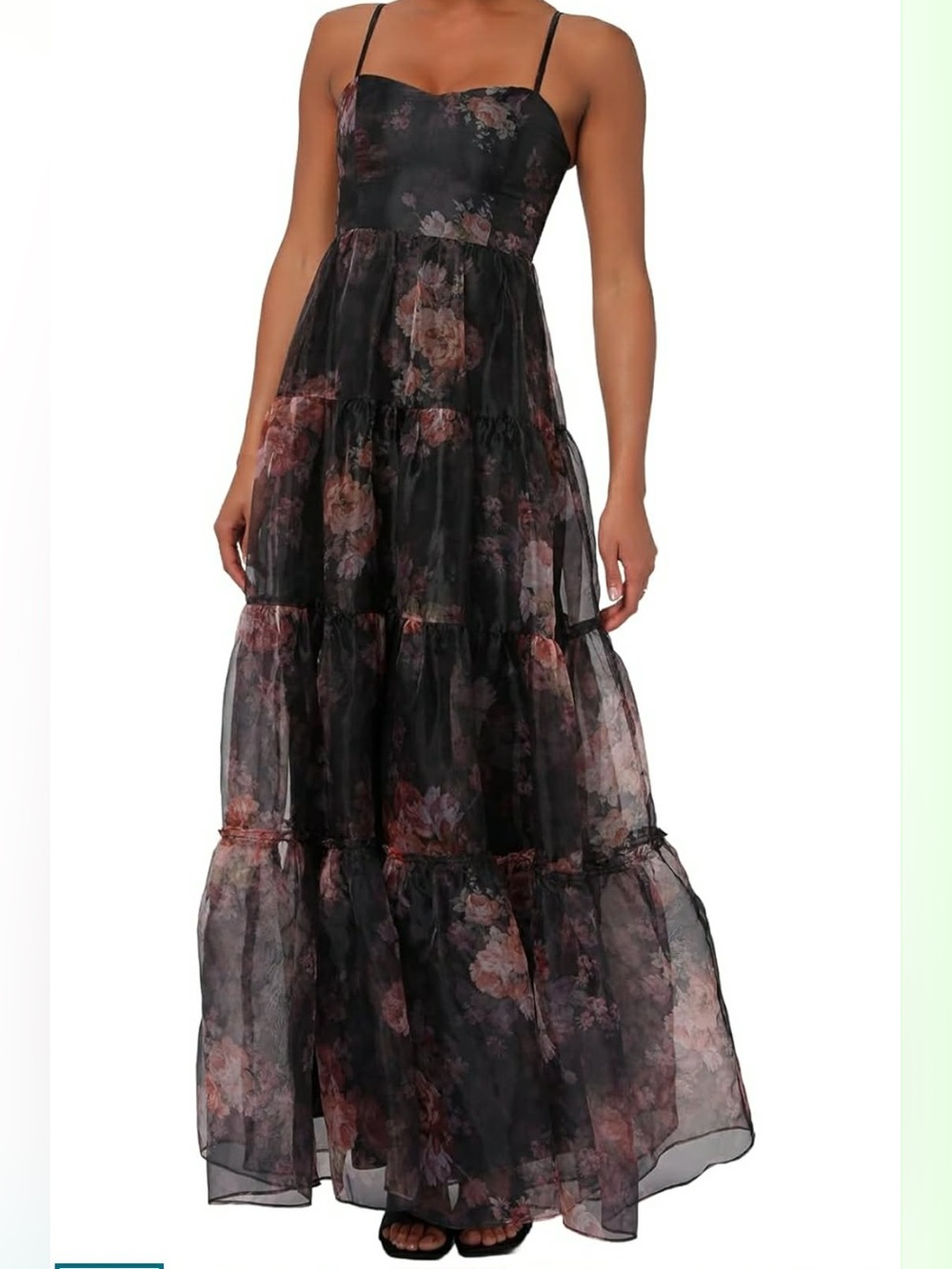 NWT Lulu’s Black Floral Calissa Tiered Organza Maxi Dress with Spaghetti Straps